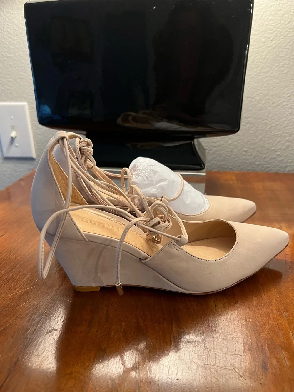 Schutz Nude Nubuck Leather Lace Up Wedge Heels Size 8 NIB